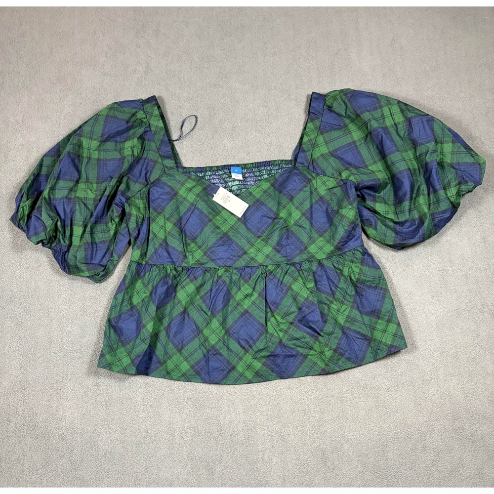 Old Navy Peplum Top Women M Green Blue Plaid Puff Sleeve Smocked Back Cotton New - Picture 1 of 6